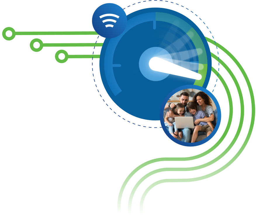 A stylized graphic depicting fibre optic connections, fast internet speeds, and happy Xplornet customers.