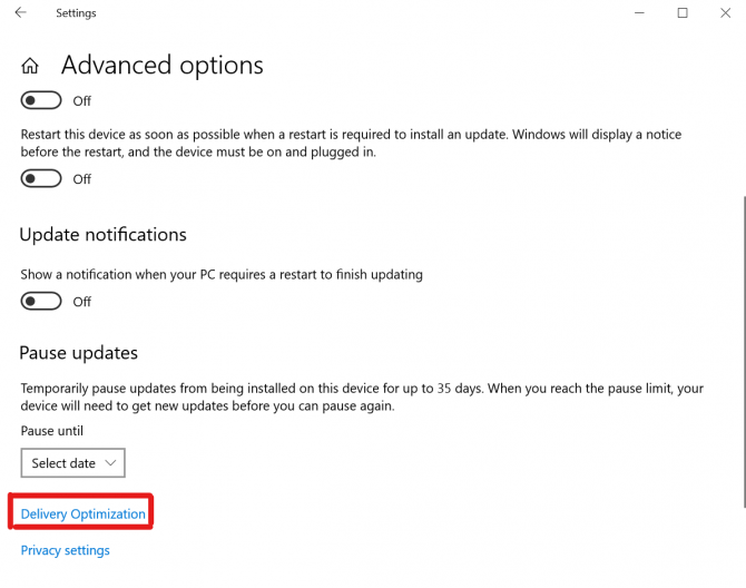 Windows Update - Advanced Options Window