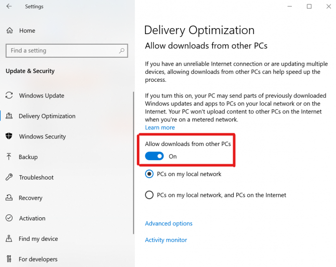 Windows Update - Delivery Optimization Window