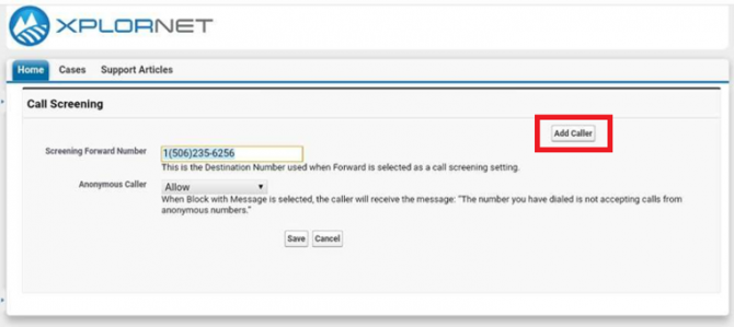 Xplornet Call Screening Add Caller Window